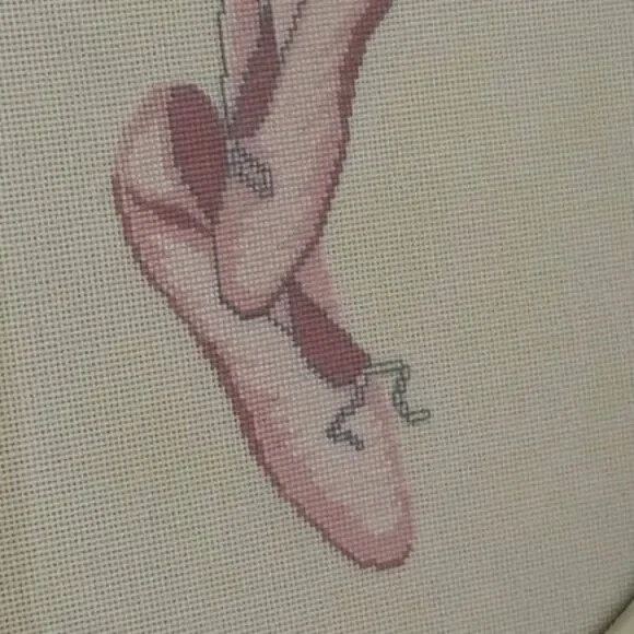 Framed Cross Stitch Ballerina Shoes In￼ Gorgeous white with Gold Oval Wood Frame - Picture 2 of 8